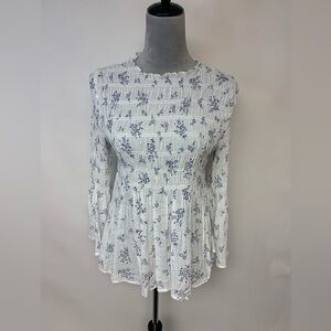 ADIVA Blouse Floral Fairy Whimsical Smocked Bodice Long Bell Sleeves Womens SZ M